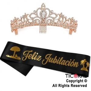 SET VINCHA Y BANDA FELIZ JUBILACION NEGRO Y ROSA GOLD
